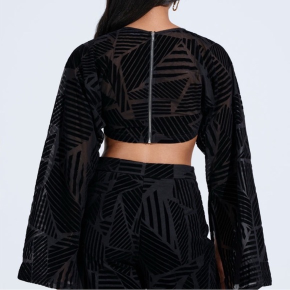 AKIRA Georgous Black Sheer Velvet Burnout Patterned Pant and Crop Top Set - Picture 3 of 7